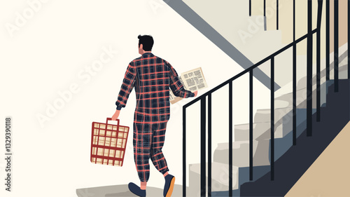 The illustration depicts a man in red and blue plaid pajamas ascending a staircase. He carries a shopping bag and what appears to be a newspaper or documents. The style is minimalist and