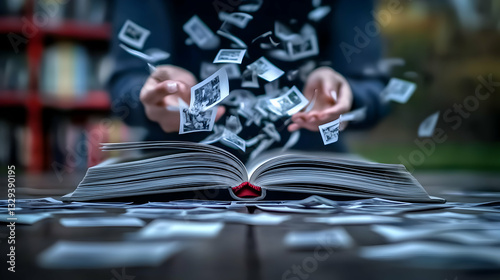 Person Releases Photographs Above an Open Book on a Table