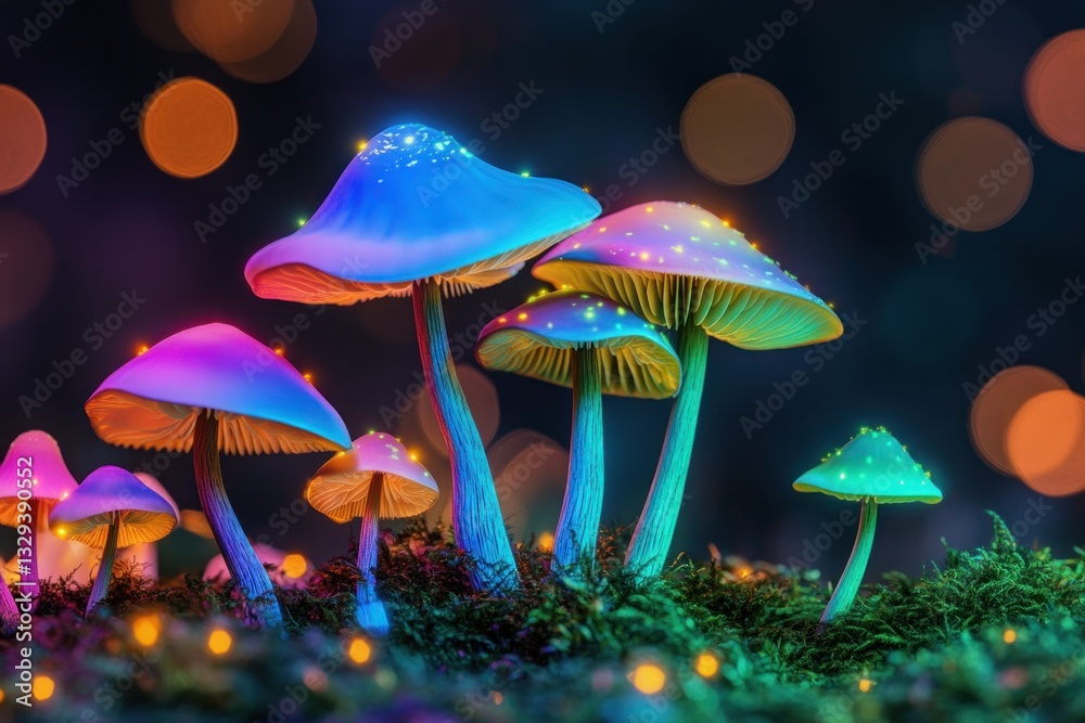 Fototapeta premium Illuminated colorful fantasy mushrooms growing on a bed of moss