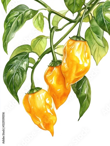 Yellow scotch bonnet peppers growing on plant, watercolor painting