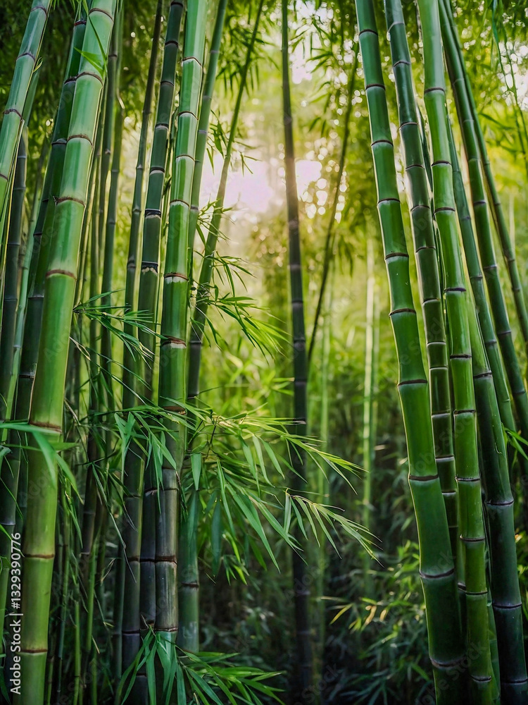 Lush green bamboo swaying gently in soft morning light. Lush green bamboo swaying gently in soft morning light.