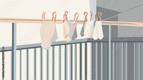 The image is a stylized illustration depicting a wooden clothesline affixed to a metal balcony railing.  Several items of light-colored clothing, including socks and what appear to be underwear,