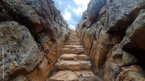 Rocky path upward through a mountain gorge.  Possible use Hiking, travel, outdoor adventure photo