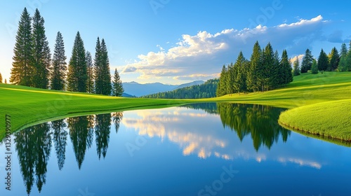 Serene lake reflects trees mountains and a vibrant green field photo