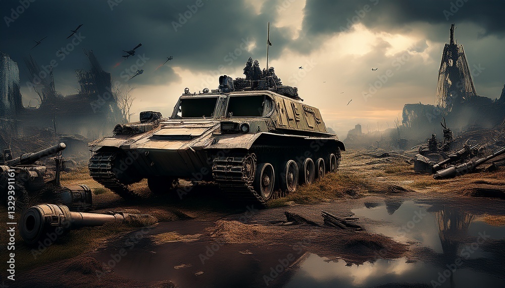 Fototapeta premium A decayed war zone filled with half-destroyed military vehicles, rusted tanks, scattered ammunition, and haunting silence. The ground is scarred, and smoke lingers in the broken horizon.