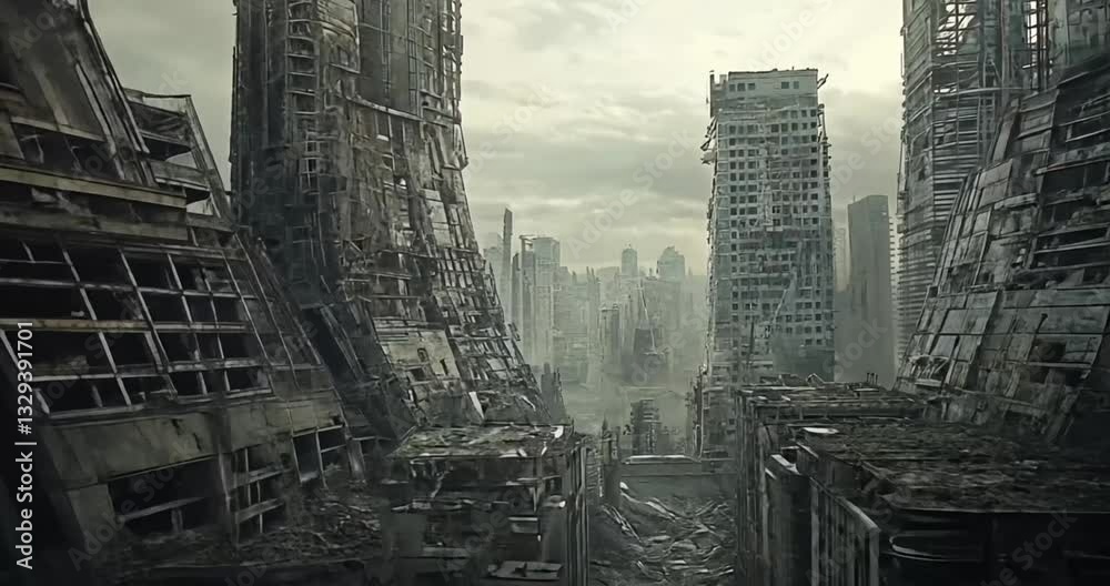 Post-apocalyptic cityscape; ruined buildings; grey sky; somber atmosphere; potential use for dystopian film, book cover