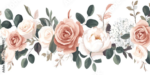 Dusty pink and cream rose, peony, hydrangea flower, tropical leaves vector garland. Dusty pink and cream rose, peony, hydrangea flower, tropical leaves vector garland wedding bouquet