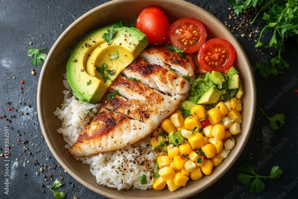 Grilled Chicken Bowl with Rice Avocado Corn and Tomato Top View Grilled Chicken Bowl with Rice Avocado Corn and Tomato Top View