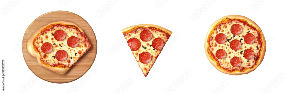 A set of three pizza photos, one with pepperoni and the other two on wooden boards, isolated against a white background A set of three pizza photos, one with pepperoni and the other two on wooden boards, isolated against a white background