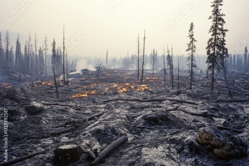 Charred forest land with smoky remnants of a fire showcases nature's resilience amidst stark devastation.