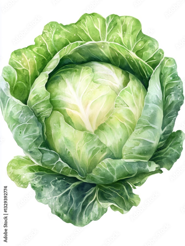 Fototapeta premium Watercolor painting of a fresh green cabbage on white background