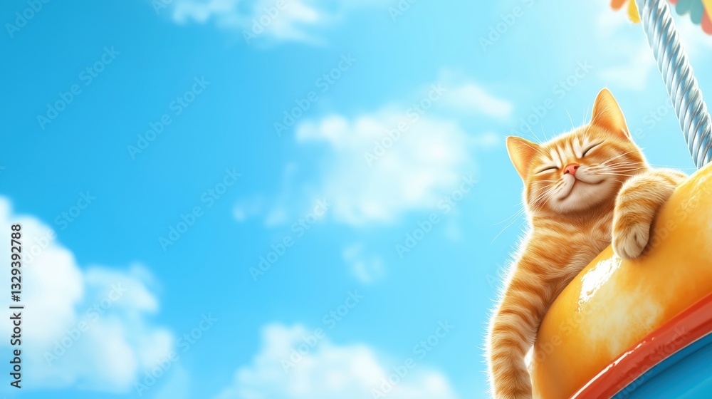 Fototapeta premium Cheerful Cat Stretching on Carousel Ride Under Clear Blue Sky with Fluffy Clouds