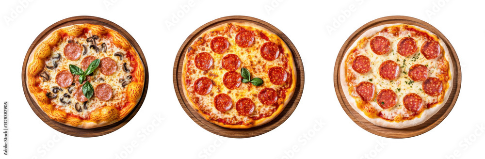 A set of three pizza photos, one with pepperoni and the other two on wooden boards, isolated against a white background A set of three pizza photos, one with pepperoni and the other two on wooden boards, isolated against a white background