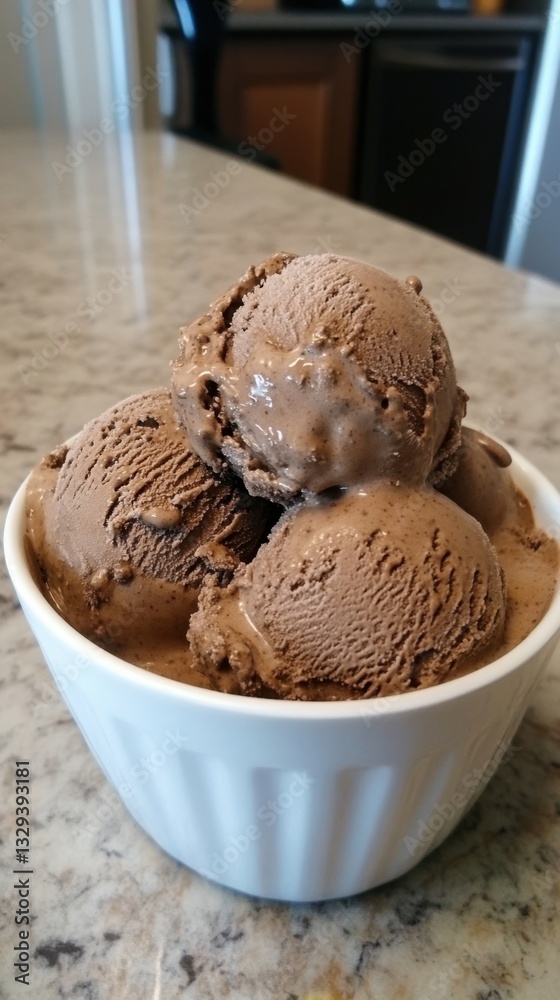 Delicious chocolate ice cream scoops in white bowl on marble surface Delicious chocolate ice cream scoops in white bowl on marble surface