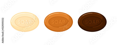 Oval soap bar pieces for bath, shower and spa. Body and hand solid soap with vanilla, cinnamon, caramel, coffee and chocolate, set of vector flat cartoon illustrations isolated on white background
