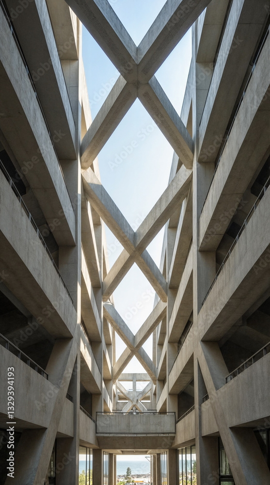 Obraz premium A symmetrical concrete corridor with repeating geometric patterns and open views.