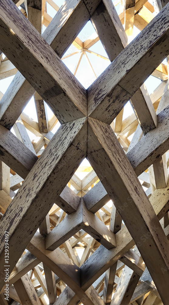 Obraz premium Intersecting weathered wooden concrete forming a strong geometric pattern.