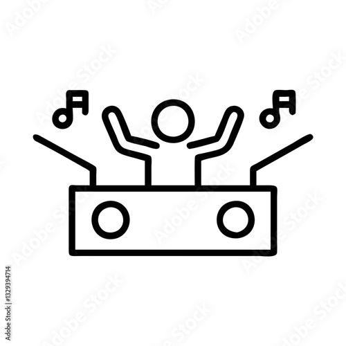 Simple vector icon of a DJ at a booth with music notes in a lively environment for entertainment and events