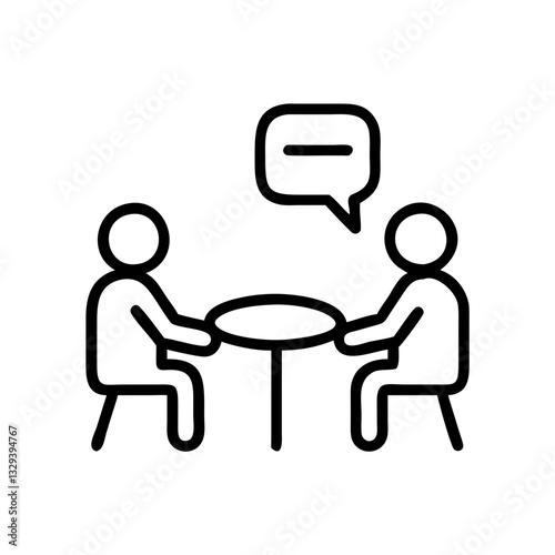 Simple vector icon of a Two people discussing in a professional setting at a table with a speech bubble