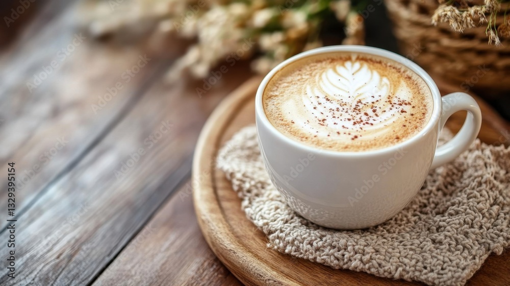Close-up of a coffee cup with latte art on a wooden tray and textured coaster. Cozy and warm vibe Close-up of a coffee cup with latte art on a wooden tray and textured coaster. Cozy and warm vibe