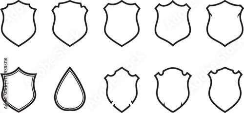 Shields graphic icons set. Blank heraldic shields signs isolated on white background. Symbols power, protection and coat of arms. Vector illustration