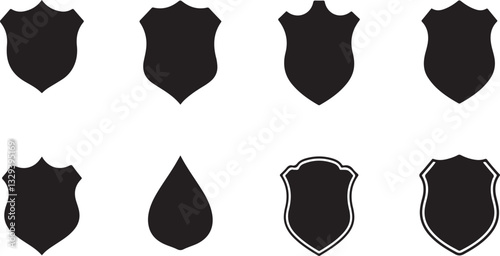 Shields graphic icons set. Blank heraldic shields signs isolated on white background. Symbols power, protection and coat of arms. Vector illustration