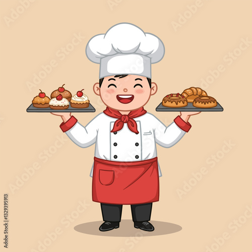 Cartoon Chef Carrying Pastries and Cupcakes on Trays Smiling