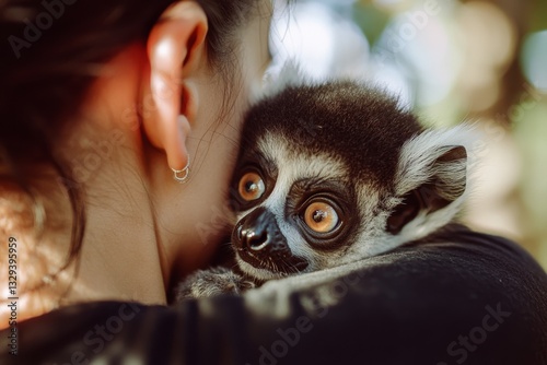 A young lemur snuggles closely with a person, showcasing a tender moment of trust and endearment in a lush green environment.
