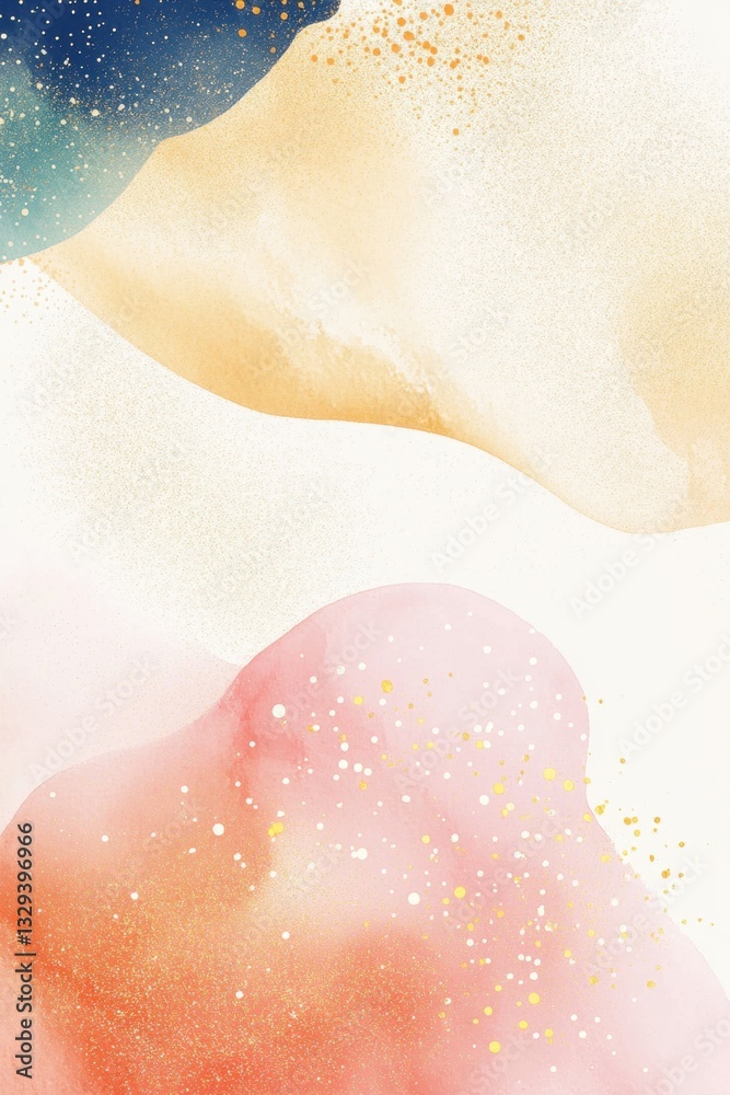 Fototapeta premium Soft watercolor shapes in pastel shades of pink, yellow, and blue, decorated with gold and white dots