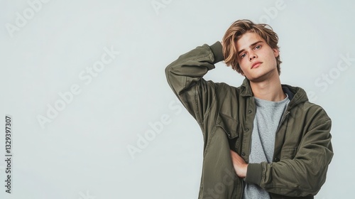 Young handsome man with arms crossed behind his head, laidback and confident, full body, clean white background