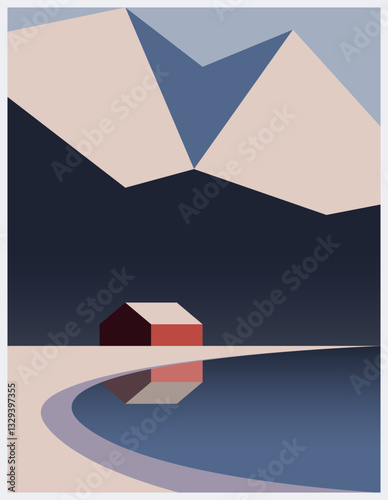 Winter holiday mountain, lake and little village house landscape flat design vector illustration.