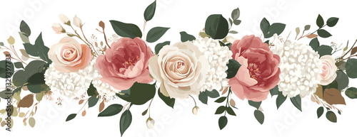 Dusty pink and cream rose, peony, hydrangea flower, tropical leaves vector garland. Dusty pink and cream rose, peony, hydrangea flower, tropical leaves vector garland wedding bouquet