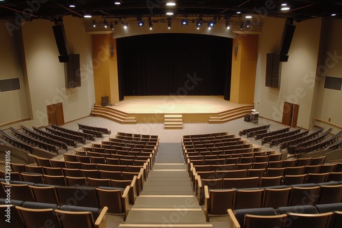 An auditorium stage with seating arranged for an event or show