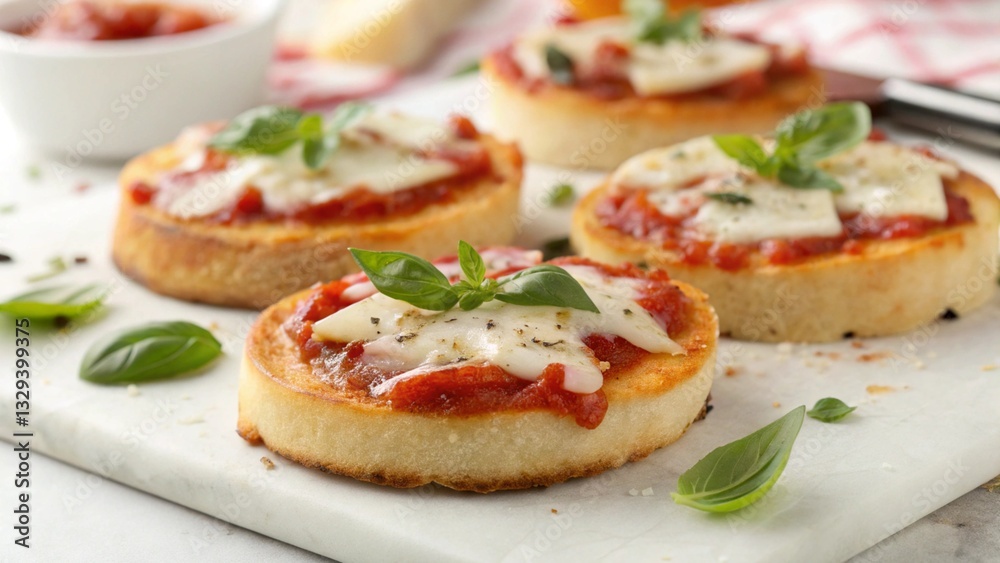 Delicious mini pizzas, perfect as appetizers or snacks, arranged on a white surface with fresh basil garnish. A close-up shot showcasing these tasty Italian treats Delicious mini pizzas, perfect as appetizers or snacks, arranged on a white surface with fresh basil garnish. A close-up shot showcasing these tasty Italian treats