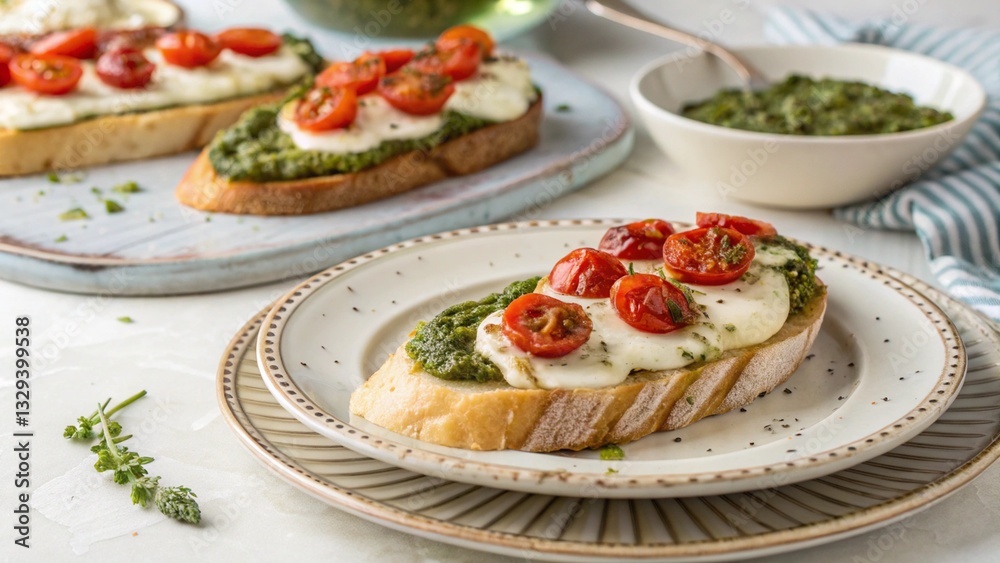 Delicious bruschetta with pesto, mozzarella and roasted cherry tomatoes, served as an appetizer on a wooden board. A vibrant and flavorful Mediterranean snack Delicious bruschetta with pesto, mozzarella and roasted cherry tomatoes, served as an appetizer on a wooden board. A vibrant and flavorful Mediterranean snack