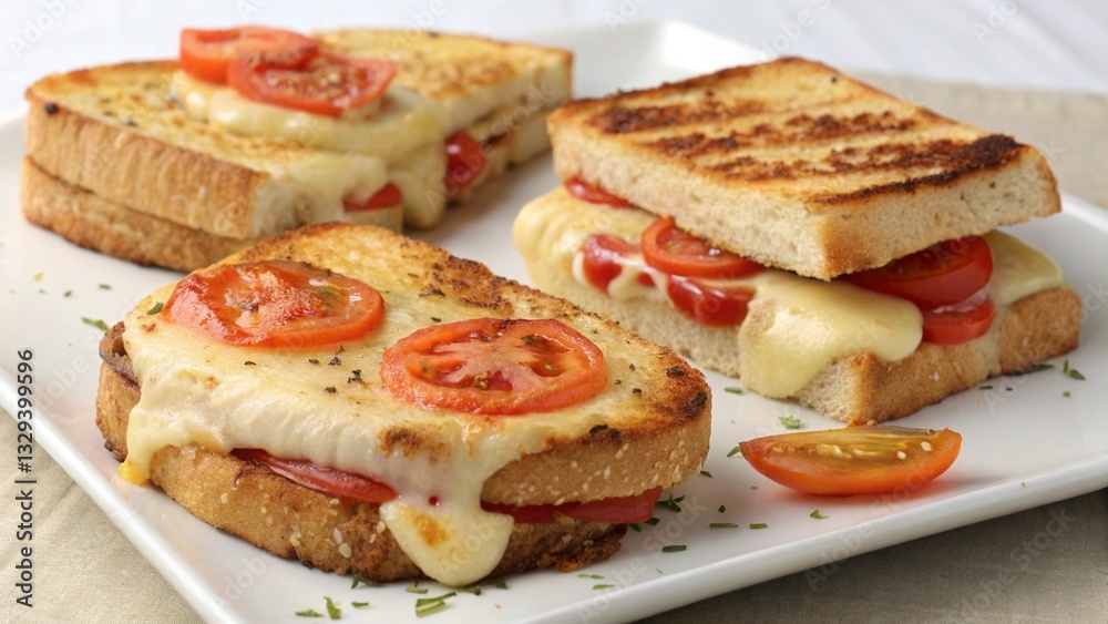 Golden brown grilled cheese and tomato sandwiches with perfectly melted cheese, arranged on a rustic wooden cutting board. Ideal for recipe blogs and food publications Golden brown grilled cheese and tomato sandwiches with perfectly melted cheese, arranged on a rustic wooden cutting board. Ideal for recipe blogs and food publications