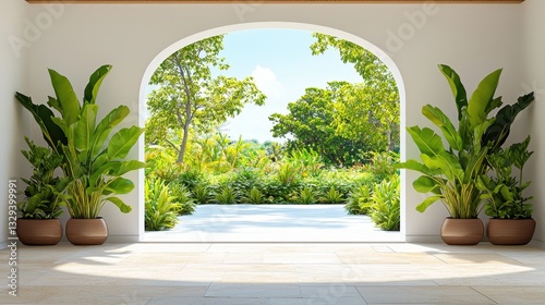 Interior with plants looking through archway towards lush green garden