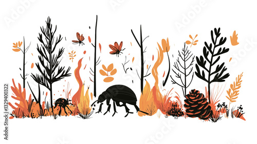 The illustration depicts a stylized scene of a forest fire.  The style is flat, with black silhouettes of trees, insects, and other forest elements against a white background.  Orange and yellow