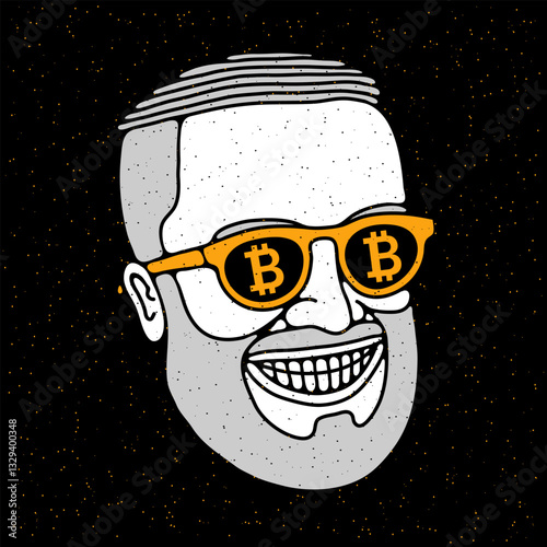 Cartoon smiling rich man with beard and bitcoin glasses. Vector illustration on grunge texture background.