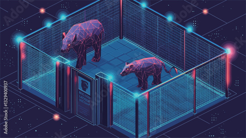 Isometric digital illustration depicting two stylized pink mammals within a transparent, technologically advanced enclosure. The enclosure is illuminated by neon-colored lights, primarily pink and