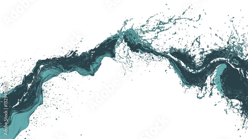 The image is an abstract representation of a teal and aqua ink splash against a white background. The splash is dynamic, exhibiting a sense of movement and fluidity.  The colors are predominantly