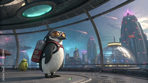 Penguin explorer in spaceship with city view.  Cute cartoon illustration of a penguin dressed as an astronaut standing inside a spacecraft and looking at a sprawling futuristic city with flying saucer photo