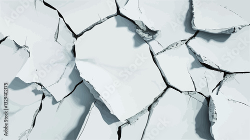 High-angle, close-up view of a cracked white surface. The surface is composed of numerous irregularly shaped polygons separated by deep cracks.  The color is predominantly a light, cool white with