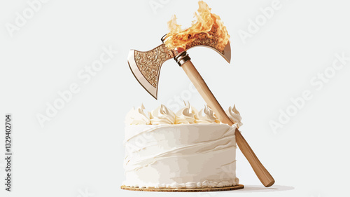 Close-up shot of a round, white frosted cake with a wooden-handled axe embedded in it. The axe head is engulfed in flames. The background is plain white. The image is sharply focused, with high