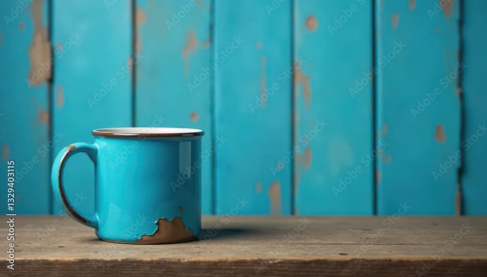 Naklejka premium A chipped blue mug sits on aged wood, against a distressed blue wall, element, background