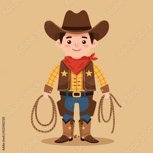Cartoon Character Boy Dressed As Cowboy Holding Lasso Illustration