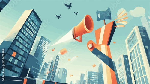 A stylized vector illustration depicting a low-angle perspective of a cityscape.  Dominating the foreground is a large, stylized megaphone emanating a beam of light.  The megaphone is attached to a