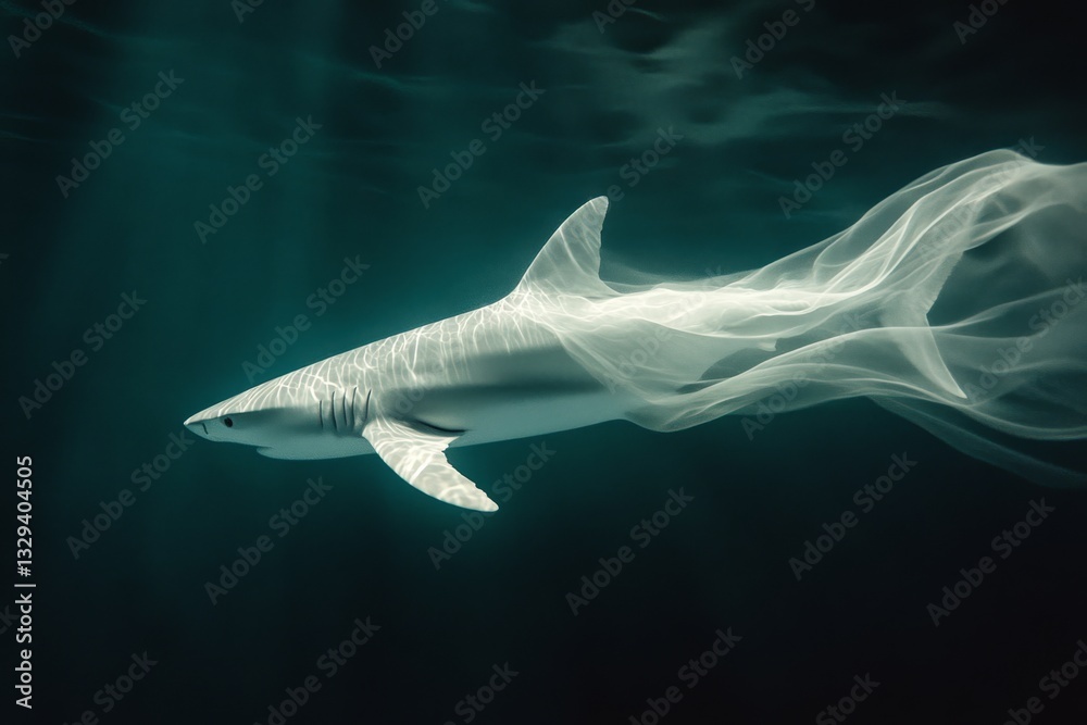 Naklejka premium A graceful shark glides silently through shadowy waters, adorned with streaming trails, exuding power and elegance amid the ocean's mysterious depths.