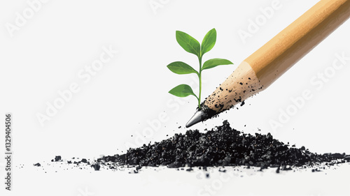 Close-up shot of a sharpened wooden pencil appearing to plant a small green seedling in a pile of dark-colored pencil shavings against a bright white background.  The focus is sharp on the seedling