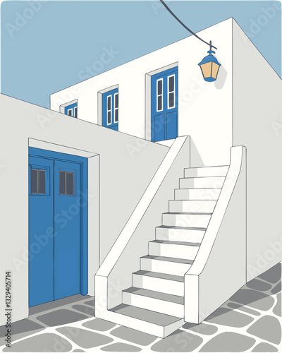 Illustration of a white house with blue door and stairs in Greece